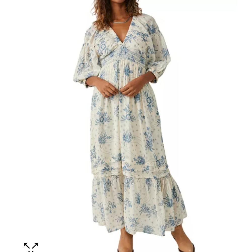 Free People Cream Maxi Dress with Blue Floral Print